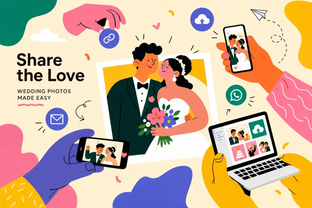 Illustration headed Share the Love, wedding photos made easy - a wedding couple photo surrounded by phones, a laptop gallery, and WhatsApp, email, link and cloud icons.