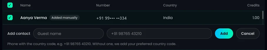 Adding a guest manually to a TurtlePic WhatsApp broadcast with name and phone number fields