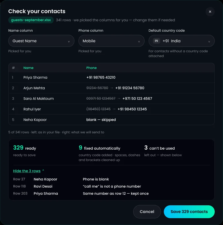 Check your contacts window in TurtlePic matching name and phone columns and cleaning up phone numbers before a WhatsApp broadcast