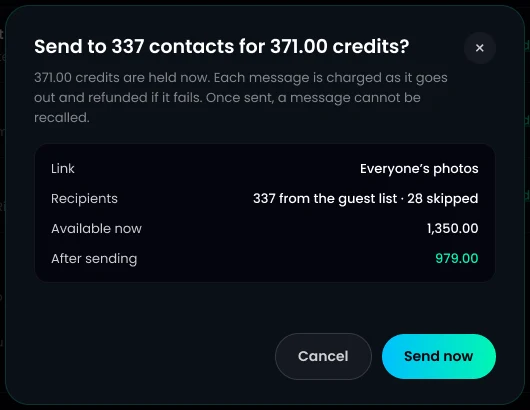 Confirmation window to send a TurtlePic WhatsApp broadcast to 337 contacts with a Send now button