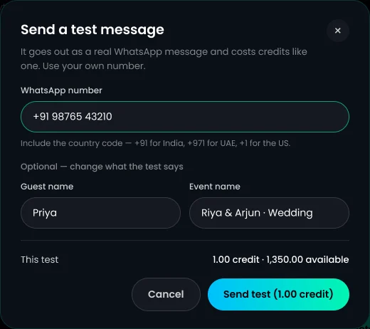 Send a test message window in TurtlePic for previewing a WhatsApp broadcast on your own phone
