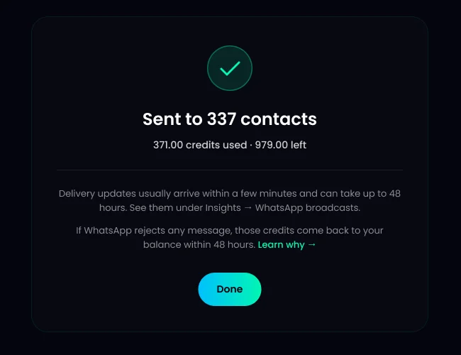 TurtlePic confirmation after sending a WhatsApp broadcast to 337 event guests, with credits used and credits left