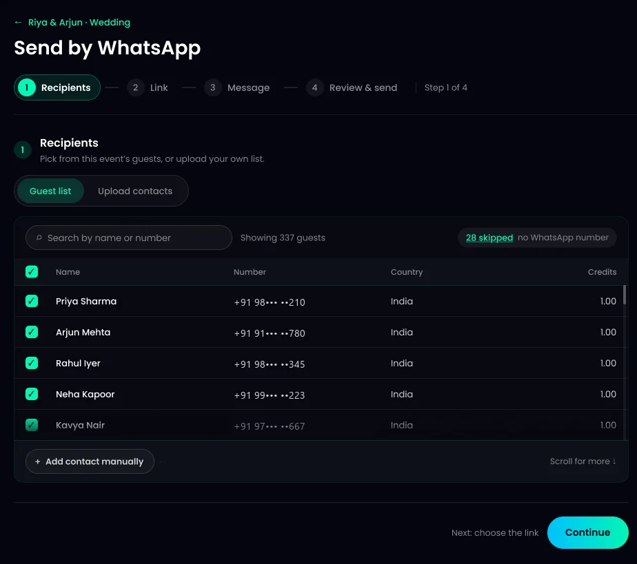 Recipients screen of the TurtlePic WhatsApp broadcast, showing the event guest list with credits per guest