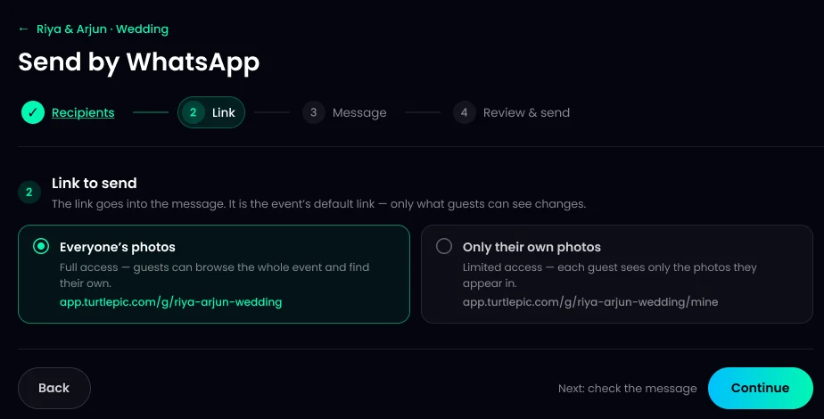 Link step of a TurtlePic WhatsApp broadcast with Everyone's photos and Only their own photos options