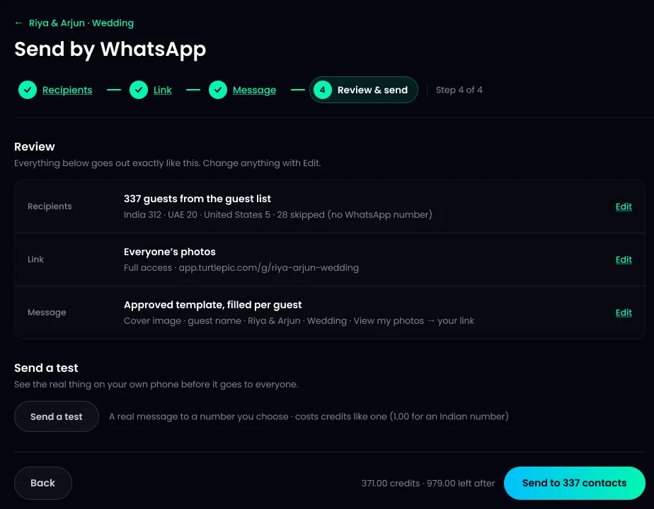 Review and send step of a TurtlePic WhatsApp broadcast with recipients, link, message and a Send a test button