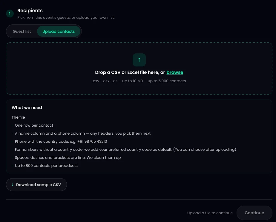 Upload contacts tab in the TurtlePic WhatsApp broadcast with a CSV or Excel drop zone and file requirements