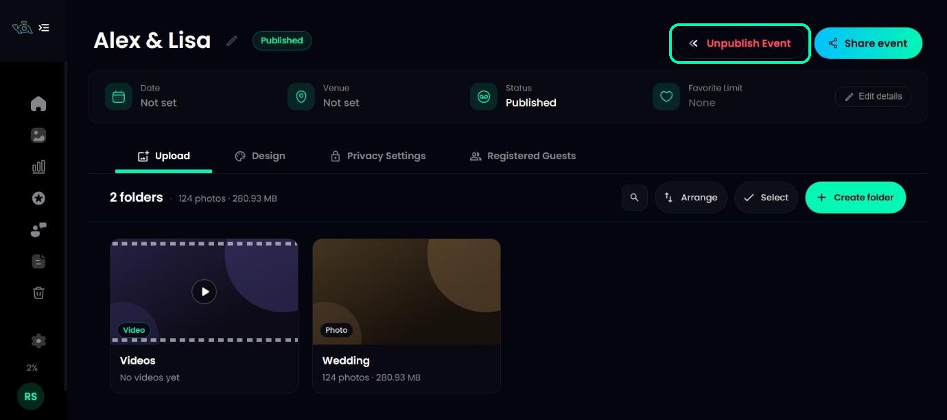 Published event with the Unpublish Event button highlighted