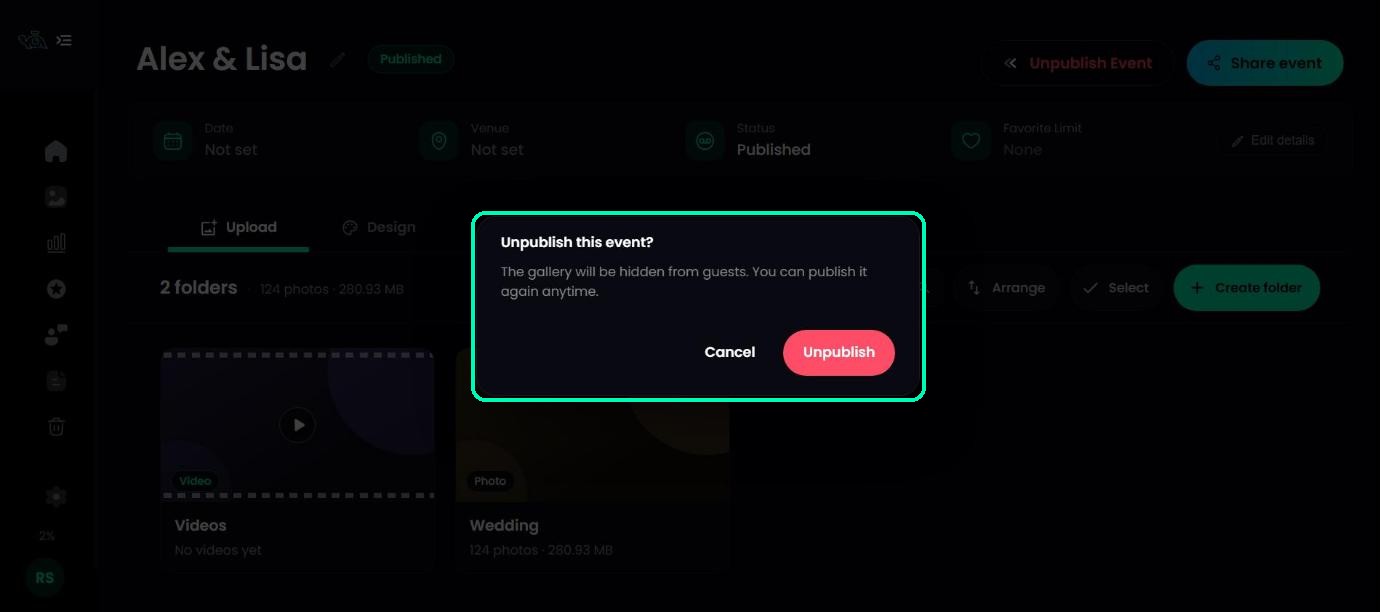 Unpublish this event? confirmation with Cancel and Unpublish buttons