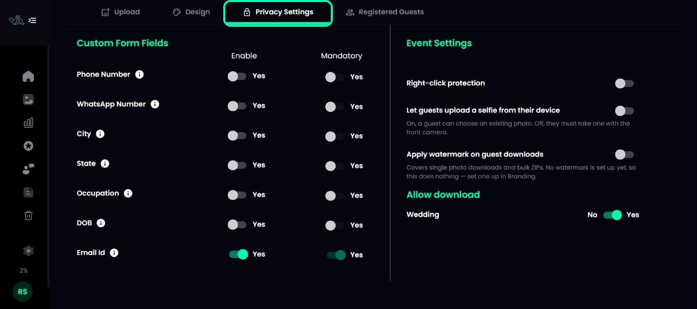 Event Privacy Settings tab highlighted, showing Custom Form Fields, Event Settings and Allow download