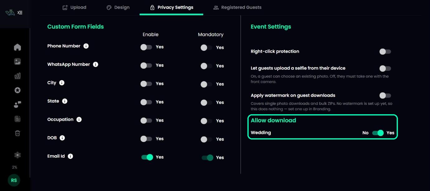 Allow download section with a Yes/No switch for the Wedding folder highlighted
