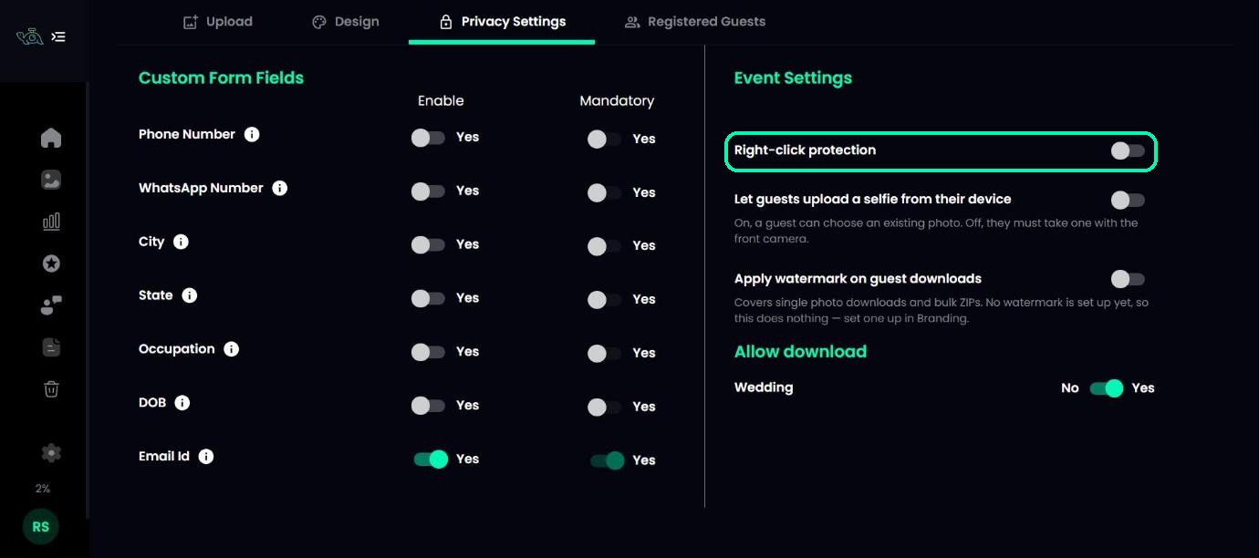 Event Settings with the Right-click protection switch highlighted
