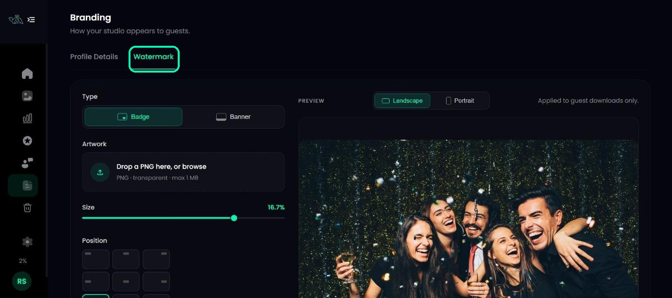 Branding page with the Watermark tab highlighted, showing a party photo preview