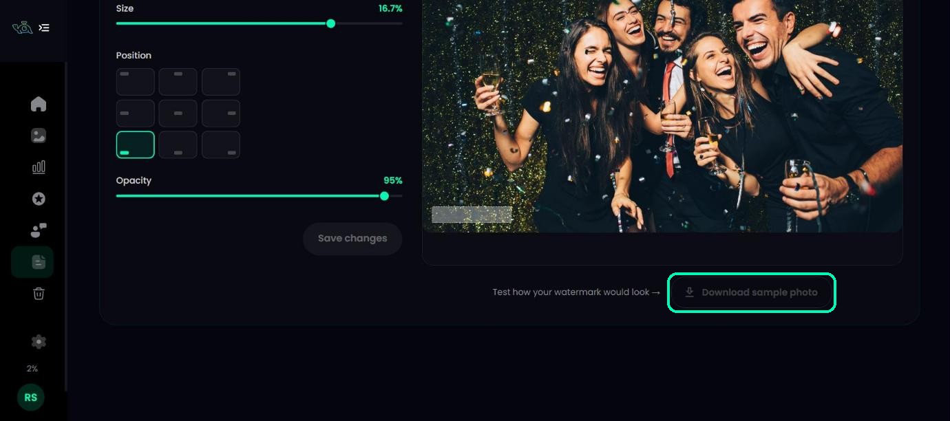 Watermark preview with the Download sample photo button highlighted