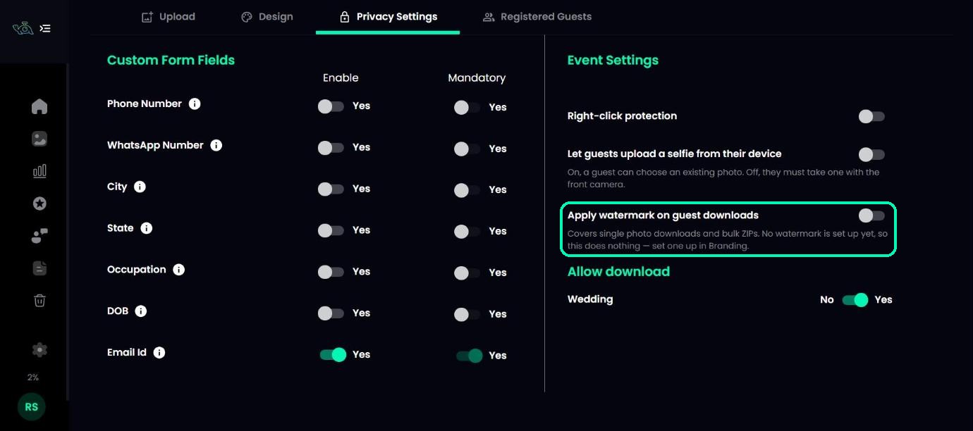 Event Privacy Settings with the Apply watermark on guest downloads switch highlighted