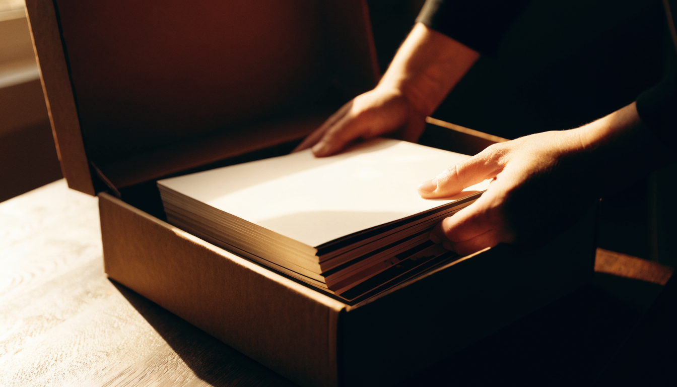A photographer lifting a stack of prints out of an archive box