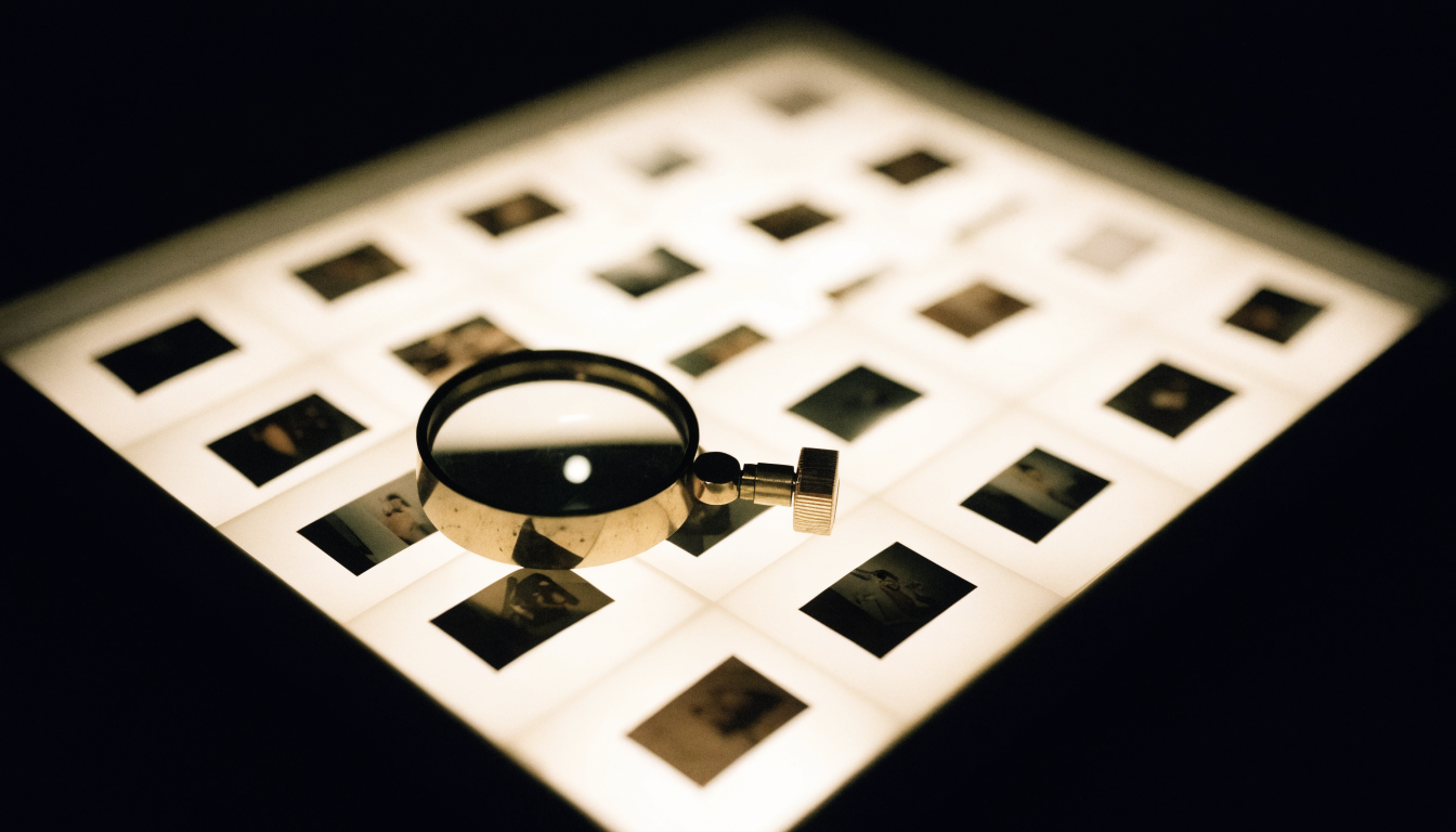A contact sheet on a lightbox with a loupe