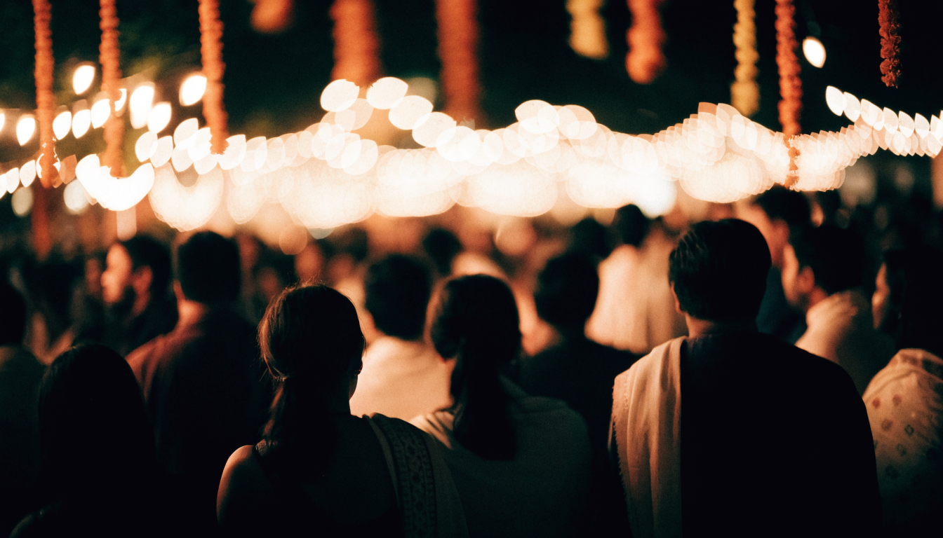 Wedding guests at an evening reception
