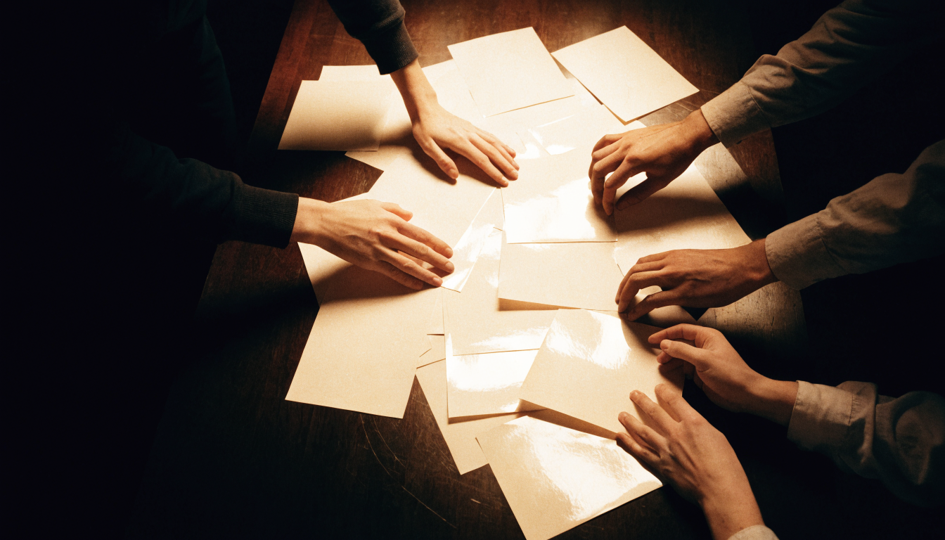 Three pairs of hands sorting photographic prints