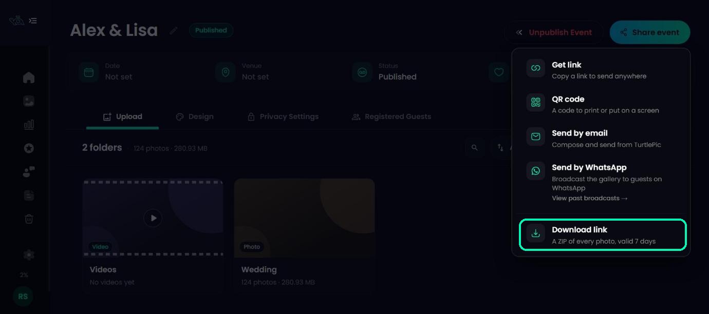 Share event menu with Download link highlighted