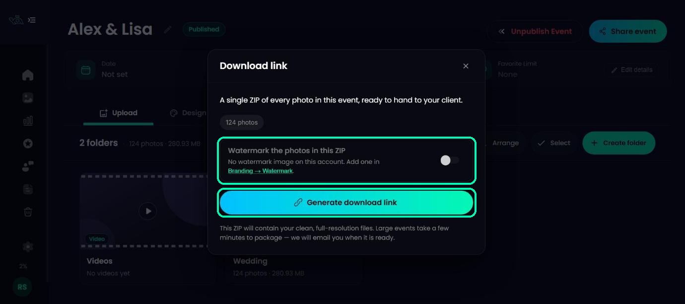Download link window with the watermark switch and Generate download link button highlighted